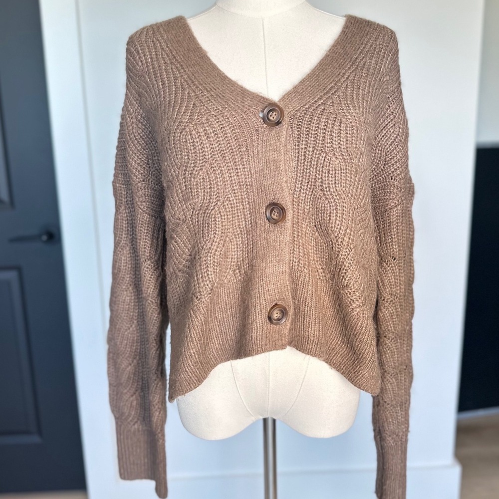 Abercrombie & Fitch Chocolate Brown Cable Knit V-Neck Cardigan Preppy‎ Americana